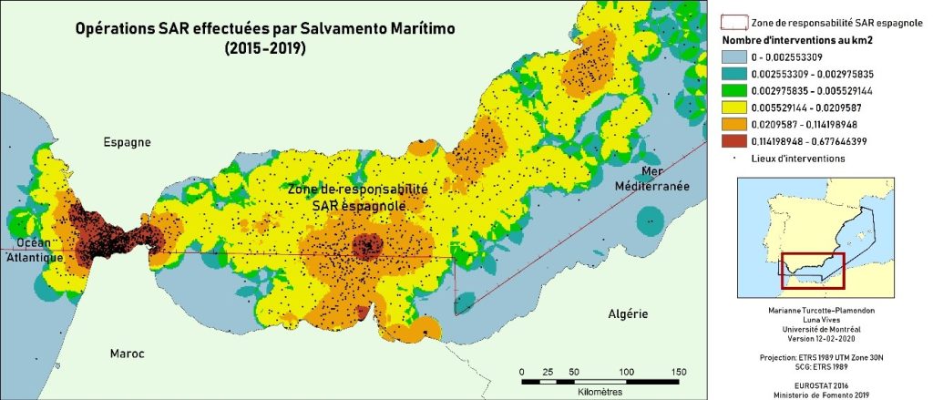 Figure 2 - Opérations SAR par Salvamento Maritimo en Méditerranée occidentale entre 2015 et 2019 Illustration : Marianne Turcotte-Plamondon et Luna Vives, Université de Montréal.