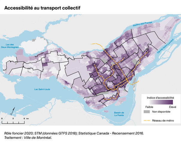 Carte de l’accessibilité au transport collectif. L’indice d’accessibilité au transport collectif mesure le niveau de service en transport en commun pour un lieu donné. On le calcule en déterminant l’accès à tous les arrêts et stations de transport en commun à partir d’un lieu donné