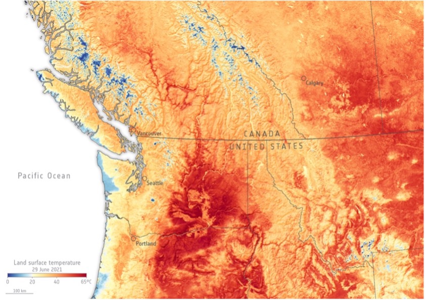 Carte qui représente la vague de chaleur qui a frappé l’Ouest de l’Amérique du Nord en juillet 2021, ainsi que les températures record proches des villes de Vancouver (Canada), Seattle et Portland (États-Unis)